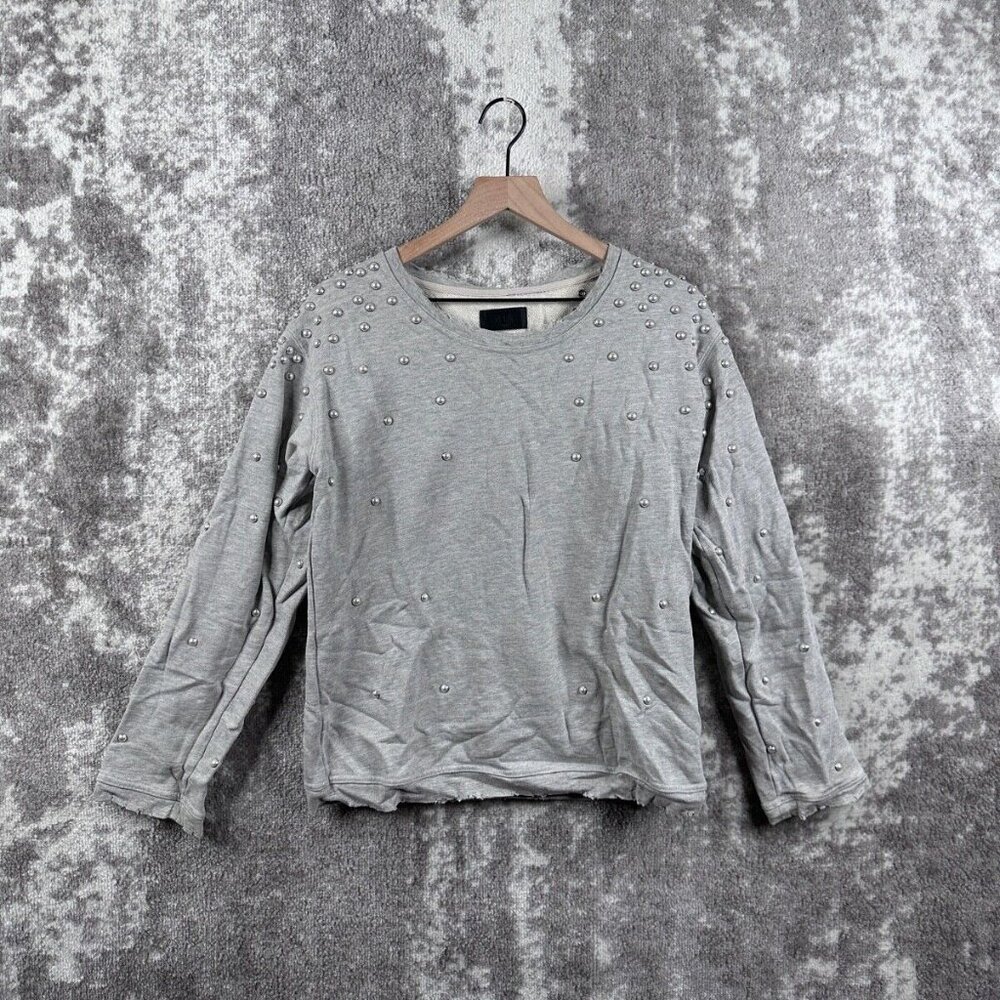 r+a Sweater XS Womens Gray Pearl Detail Pullover Crewneck French Terry
